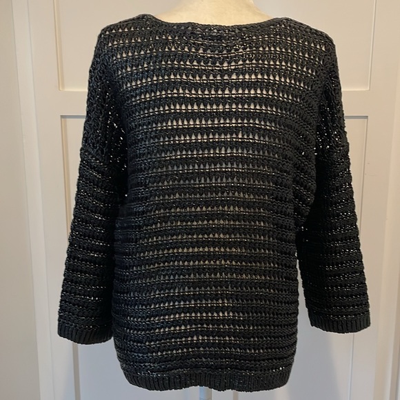 Club Monaco Women's Metallic look Black Waxed Cotton Open Knit Crew Neck Sweater - Picture 2 of 5